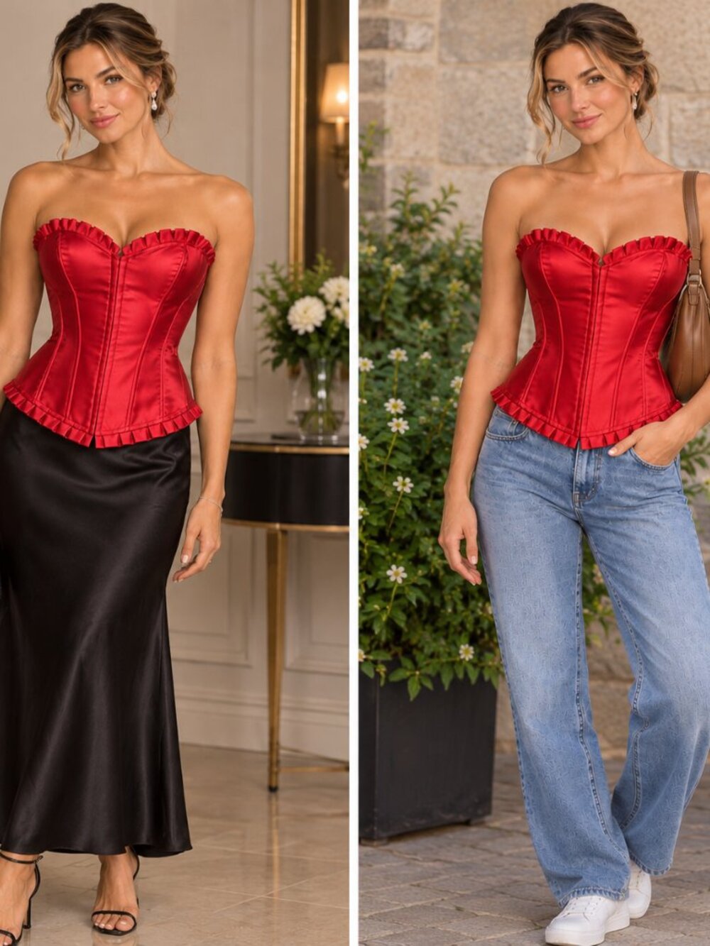 Red Satin Ruffled Corset Set - NEW - Picture 2 of 13